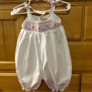 Rosalina Collection Girl’s Shoulder Tie Romper White with Pink Smocking Size 9M